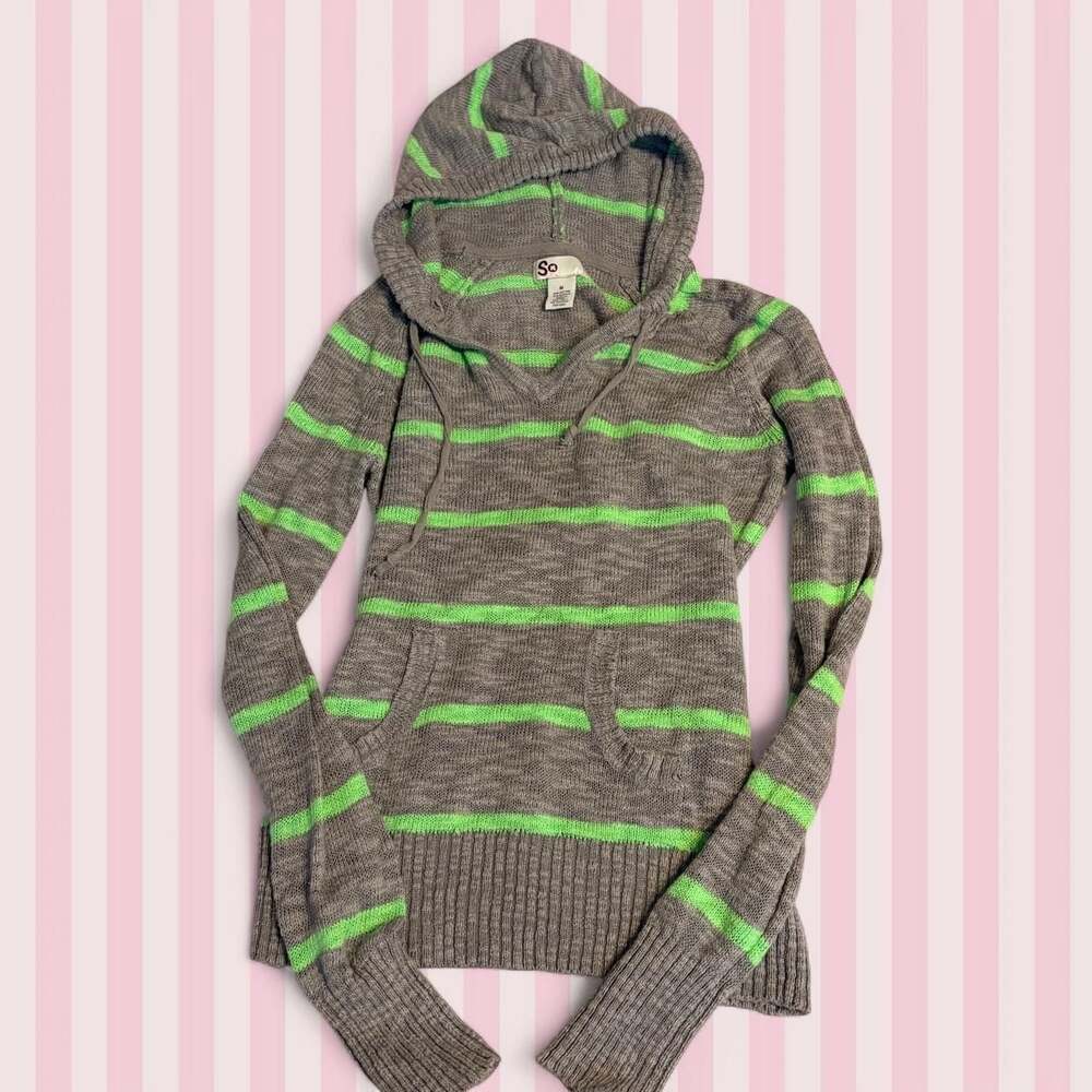 So 2000s Gray and Neon Green Striped Hooded Sweater